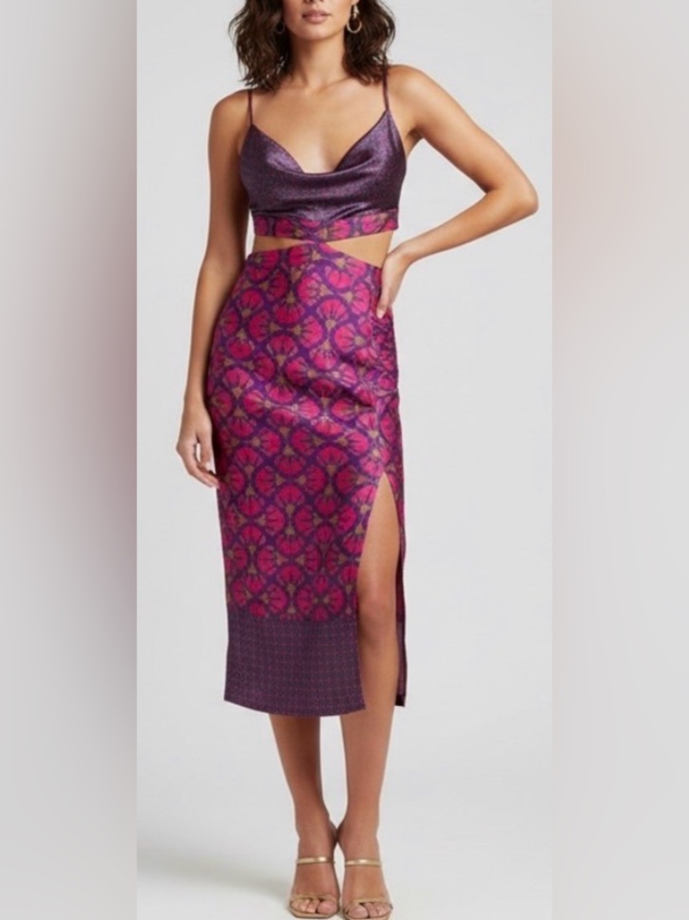 House of Harlow satin maxi dress w/ cutouts. Open back, slit. Purple, fuchsia. L